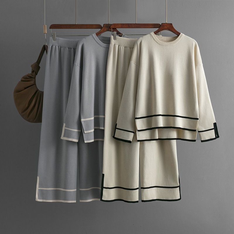 Fashion Leisure Suit Autumn Winter Color Contrast Long Sleeve Knitwear High Waist Wide Leg Pants Two-Piece Casual Long Sleeve Hen Striped Sweater Set – Women Sweater Set and Women Sweater price