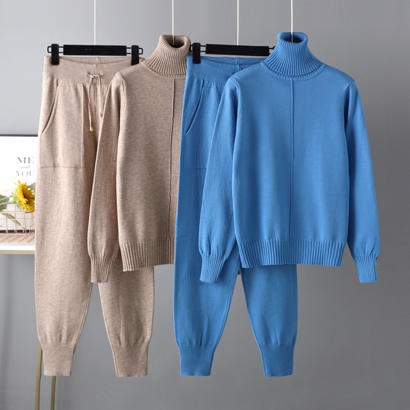 Female Casual Fashion Knitwear Suit Autumn Winter Turtleneck Solid Color Knit Pants + Sweater Pullover – Sweater Set and Women Sweater price