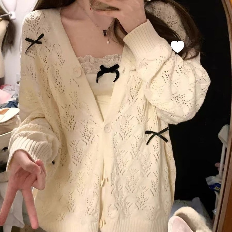 Hollow Bow Thin Style Sweater Loose Knit Cardigan Jacket Top Women Knitwear – Knitted Sweater and Cardigan Knitwear price