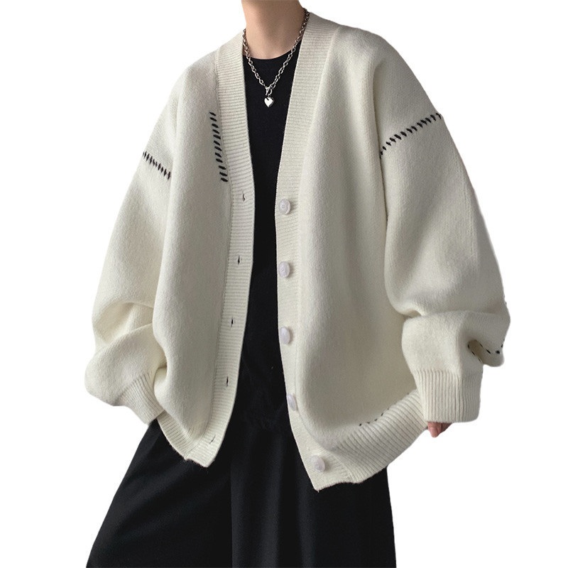 Mens Casual Design Cardigan Sweater Korean Version Trendy Loose V-Neck Knitted Knitwear – Knit Sweater and Knitwear Men price