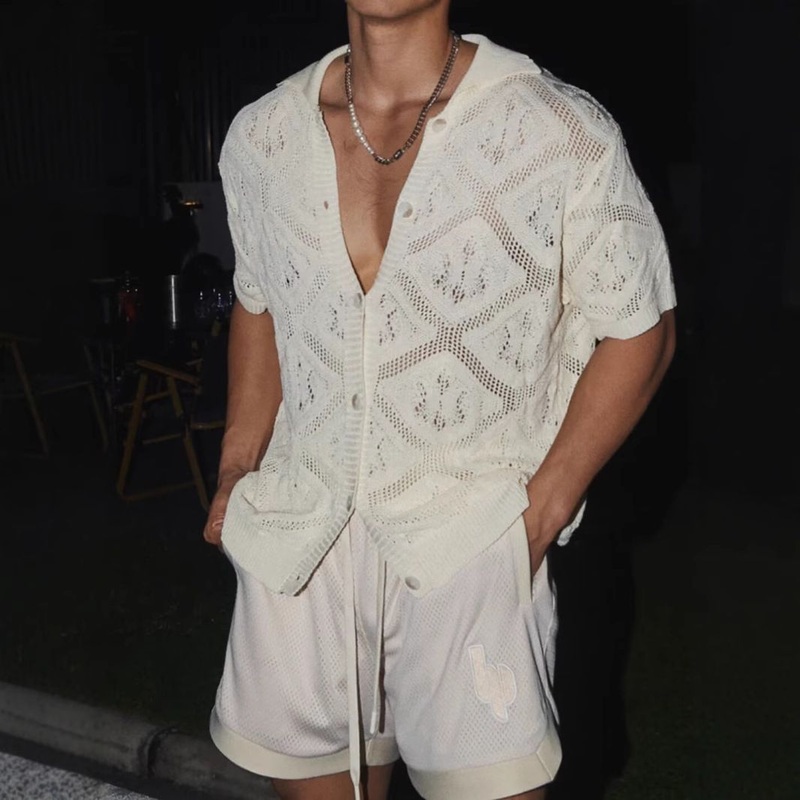 Mens Summer Loose Mesh Crochet Shirt Sweater Casual Shirt Cardigan Knit Knitwear – Knit Sweater and Knitwear Men price