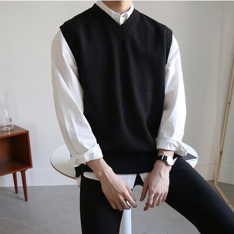 Spring Autumn Mens Sleeveless Sweater Black Vest Loose V-Neck Knitted Korean Knitwear – Knitwear Vest and Knitwear Men price