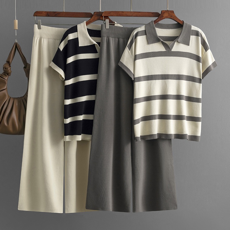 Summer Color Matching Striped Polo Collar Casual Fashion Short-Sleeved Knitted Top Solid Color Loose Wide-Leg Pants Two-Piece Set T Shirt – Women T Shirt and Women Sweater price