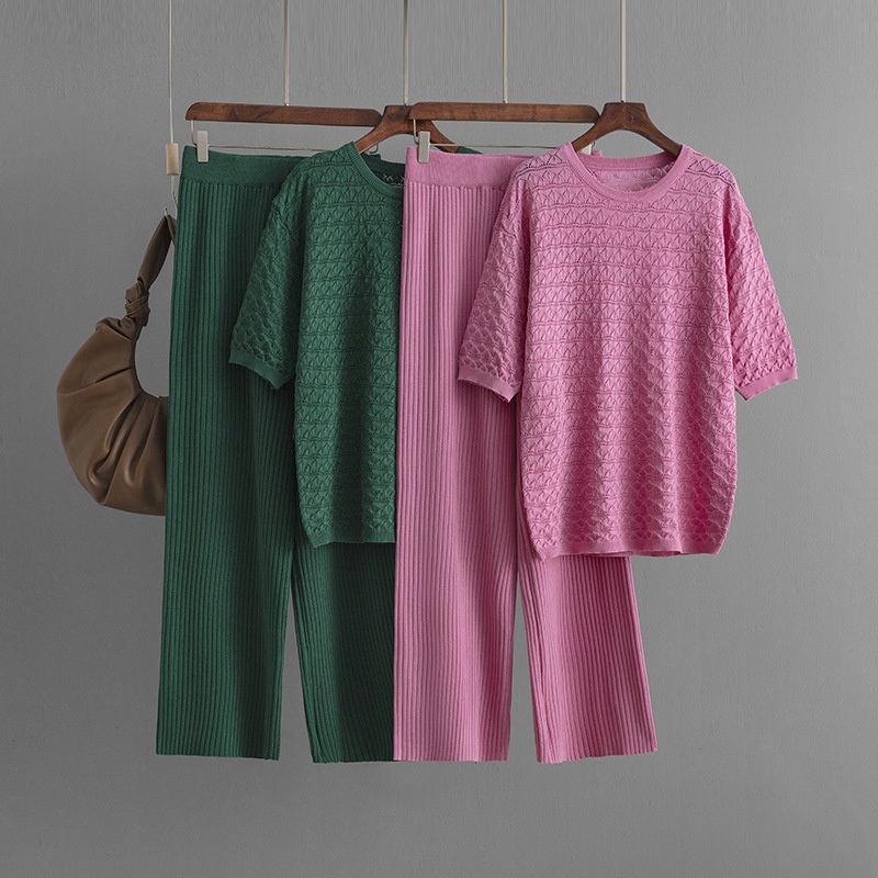 Summer Round Neck Fashion Suit Short Sleeve Knit Pants Trousers Two-Piece Set Solid Color Hollow out Casual T Shirt Tops Blouses – Women Knit T Shirt and Women Sweater price