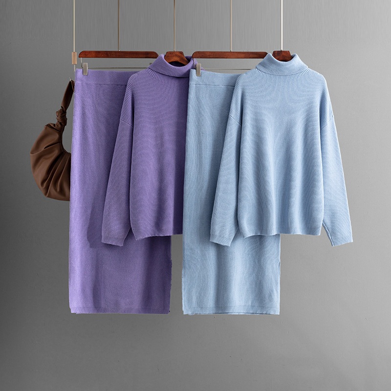 Two-Piece Pullover Knitwear Suit Women Solid Color Split Knit Skirt Autumn Winter Turtleneck Sweater Sets – Women Sweater Set and Women Sweater price