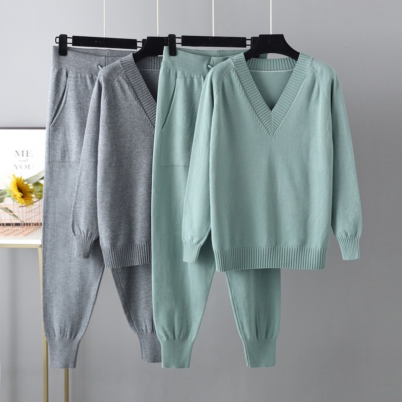 Wholesale Autumn Winter Knit Pant Knitwear Set Casual V Neck Long Sleeve Sweater Pullover Two-Piece Set – Sweater Set and Women Sweater price