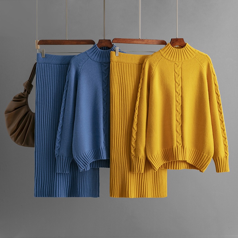 Winter Women Fashion Skirt Women Twisted Cables High Neck Loose Knit Long Sleeve Sweater Set – Women Sweater Set and Women Sweater price