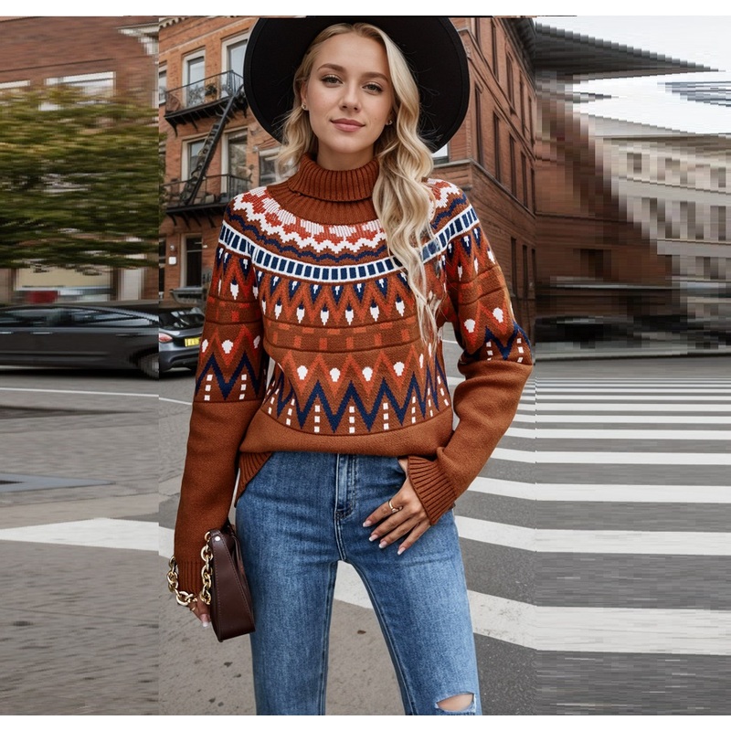 Winter Women Retro Striped Patchwork Color Jacquard Classic Sweater Clothing Turtleneck Loose Knit Knitwear Jumper – Oversized Sweater and Women Sweater price