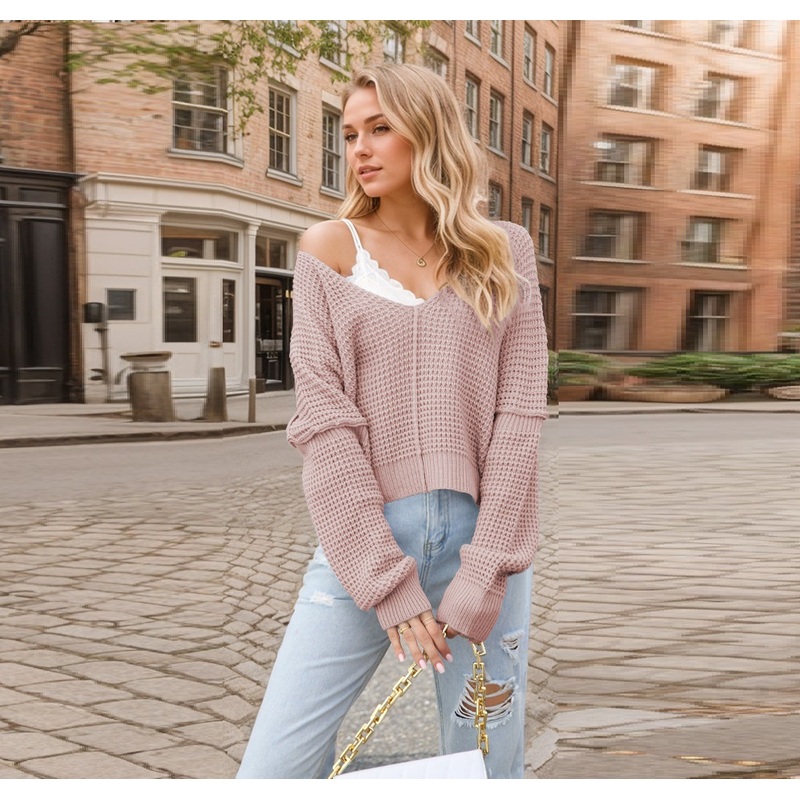 Women Autumn Winter V-Neck Solid Color off-The-Shoulder Loose Sweater Fashion Street Drop Shoulder Knitwear – V Neck Sweater and Women Sweater price