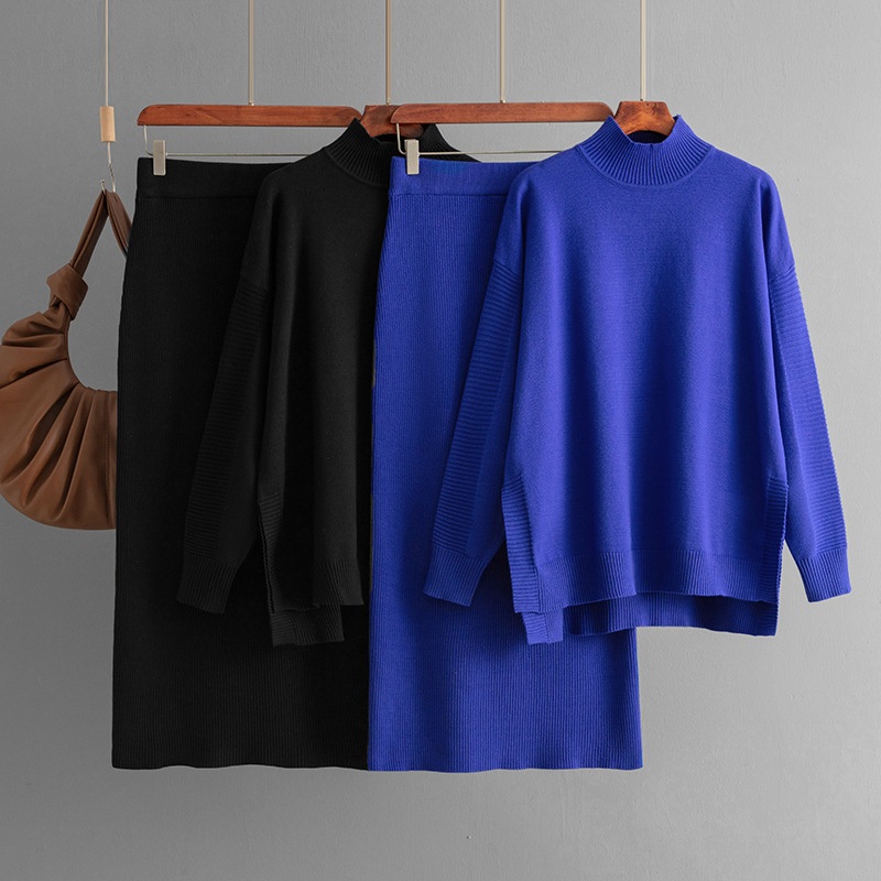 Women Knitwear Set Autumn Winter Solid Color Mock Neck Sweater + Knit Skirt – Sweater Set and Women Sweater price