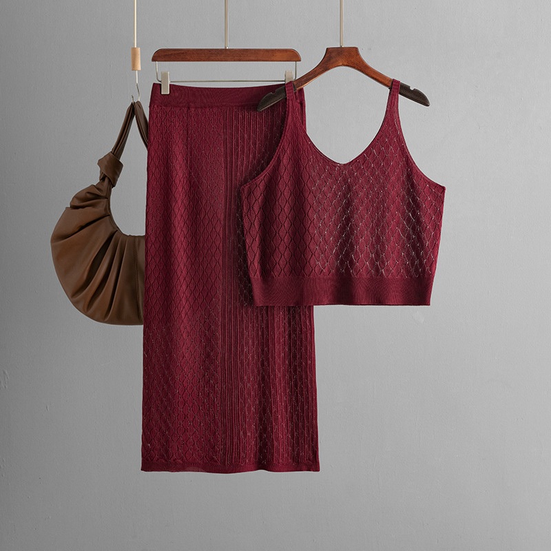 Womens Summer New Hollow Short Strap Knit Suit Skirt Casual Two-Piece Set – Women Sweater Set and Women Sweater price