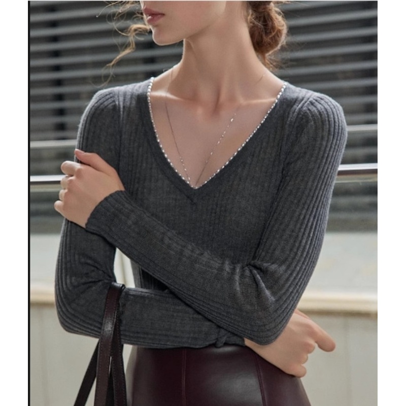 2025 V Neck Long Sleeve Beaded Trims Lady Pullover Sweater – Ladies Knitted Pullover and Women Pullover Sweater price