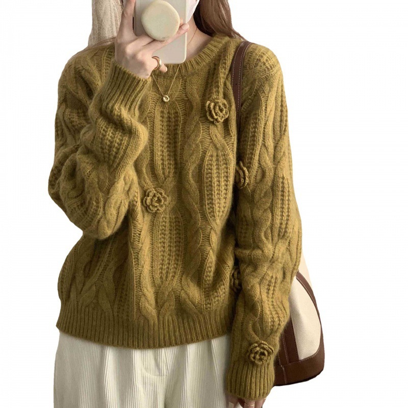 Autumn and Winter New Knitwear Niche Chic Three-Dimensional Embroidery Rose Hook Flower Soft Waxy Loose Sweater – Sweater and Long Sleeve Cardigan price