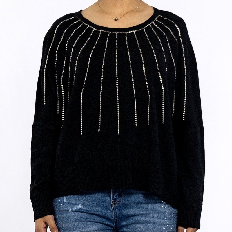 Autumn Round Neck Chain Decorated Black Sweater Womens Knitwear – Fall Sweater and Black Sweater for Women price