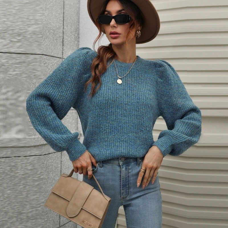 Autumn Winter Round Neck Knitwear Casual Melange Color Women Balloon Long Sleeve Loose Sweater – Casual Sweater and Women Sweater price