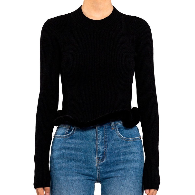 Black Skinny Lace Hem Crew Neck Long Sleeve Sweater for Women – Women Sweater and Knitwear price