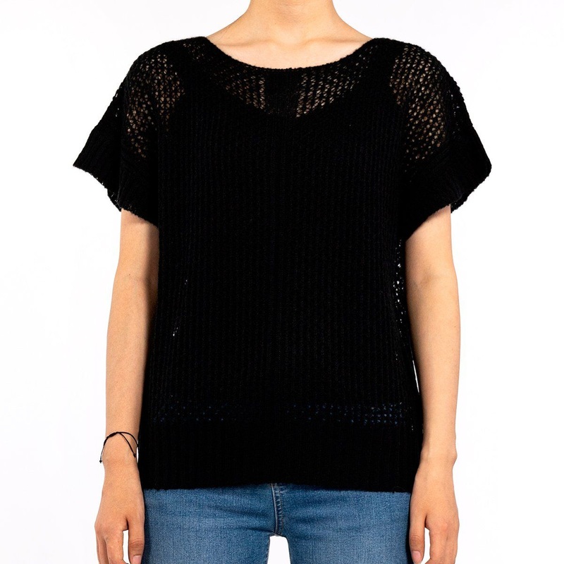 Casual Black Mesh Cutout Knit Pullover Short Sleeve Sweater for Women – Knit Shirts and Black T Shirt price