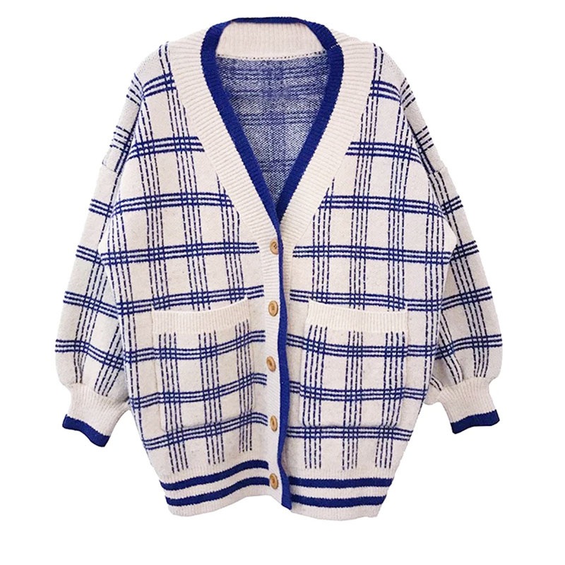 Contrast Colour Edge Checked Pattern Spring Ladies Knitted Cardigan Women Knitting Long Sleeve Sweater – Sweater and Ladies Sweater price