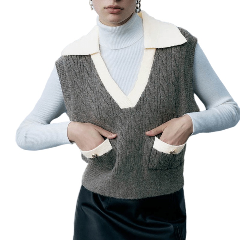 Elegant Winter Polo Collar Sweater Vest in Grey for Women – Women Sweater Tank and Knit Sweater Vest price