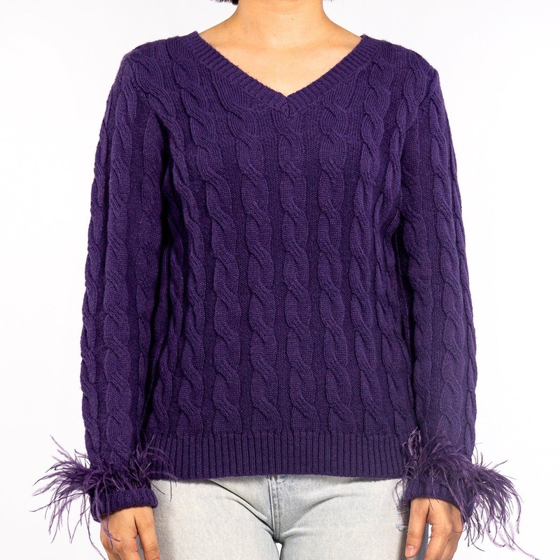 Purple Twist Print V-Neck Feather Sleeve Slim Pullover Sweater for Women – Fashion Clothes and Vintage Sweater price