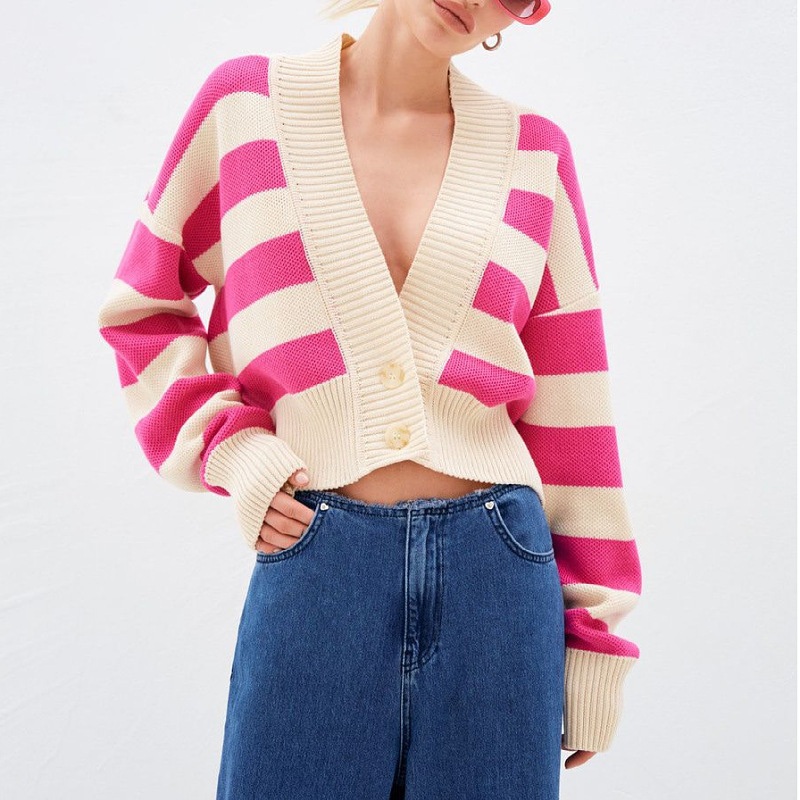 Spring Autumn Women Color Contrast Striped Loose V-Neck Knitted Cardigan Short Sweater Coat – Women Clothing and Girl Clothing price