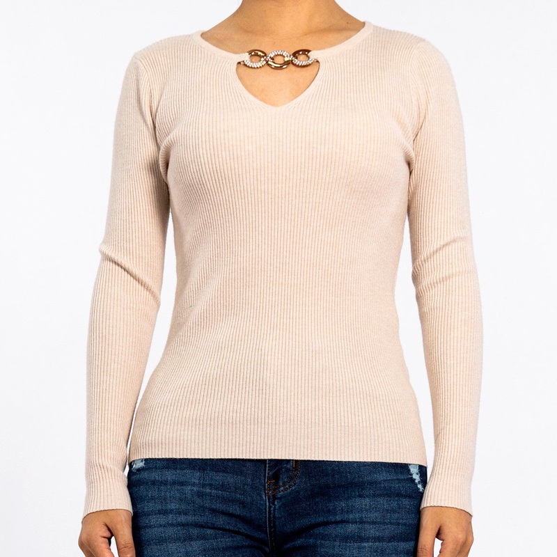 Winter Knitted Round Neck Slim Metal Chain Long Sleeve Pullover Apricot Womens Sweaters – Women Sweater and Pullover Sweater price