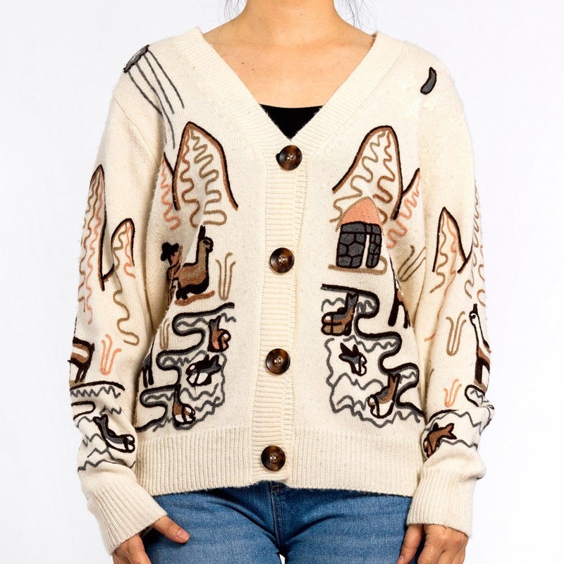 Winter Knitted V-Neck Jacquard Loose Long Sleeve Beige Womens Cardigan – Jacquard Sweater and Womens Jumper price