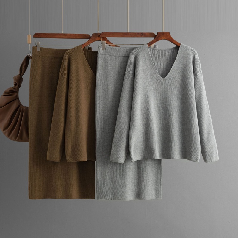 Women Autumn Long Sleeve Loose Knit Skirt Fashion Two-Piece Set Winter Solid Color Elegant Chic Cozy Casual V-Neck Sweater Set – Women Sweater Set and Women Sweater price