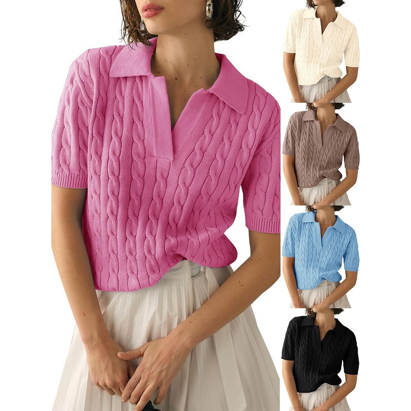 Women Polo Collar Short Sleeve Casual Sweater Solid Color Twisted Knitted Sweater – Knitted Sweater and Polo Collar Sweater price