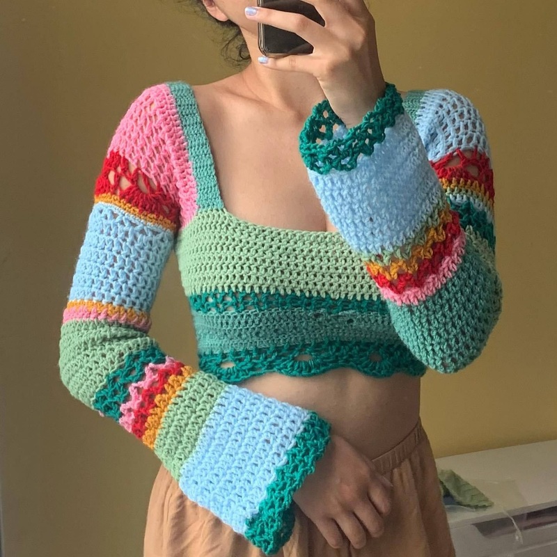 Womens Knitwear Square Collar Color Stripes Color Matching Long-Sleeved Knit Top Shirt – Knit Shirt and Women Sweater price