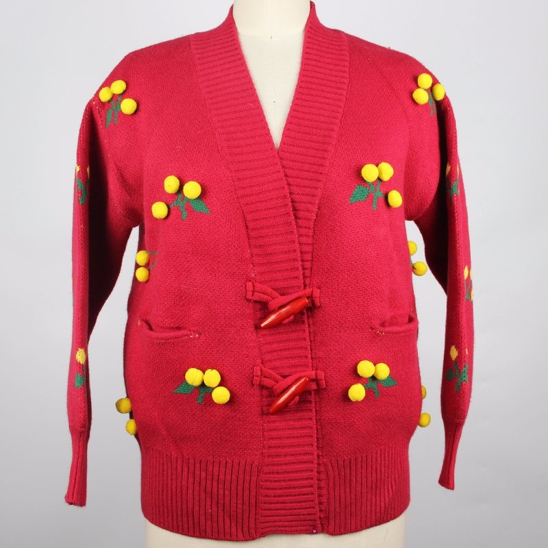Yellow Ball Decorative Plant Jacquard Red Winter Ladies Cardigan Ladies Long Sleeve V-Neck Sweater – Sweater and Ladies Sweater price