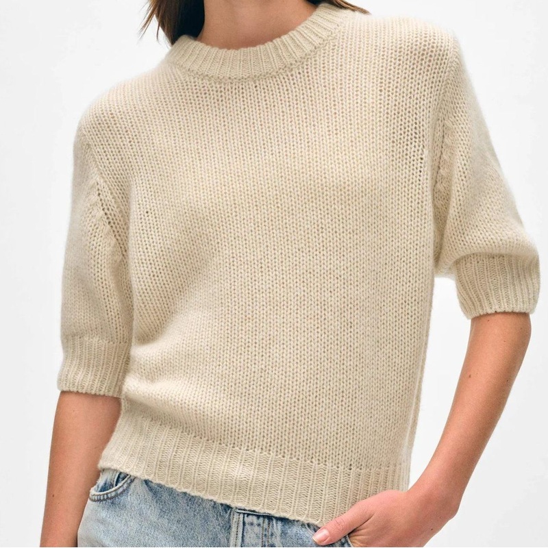 100% Cashmere Knitted Ladies Fashion Crew-Neck Puffy-Sleeve Loose Knitting Natural-Heather Top Sweater – Cashmere Top and Cashmere price