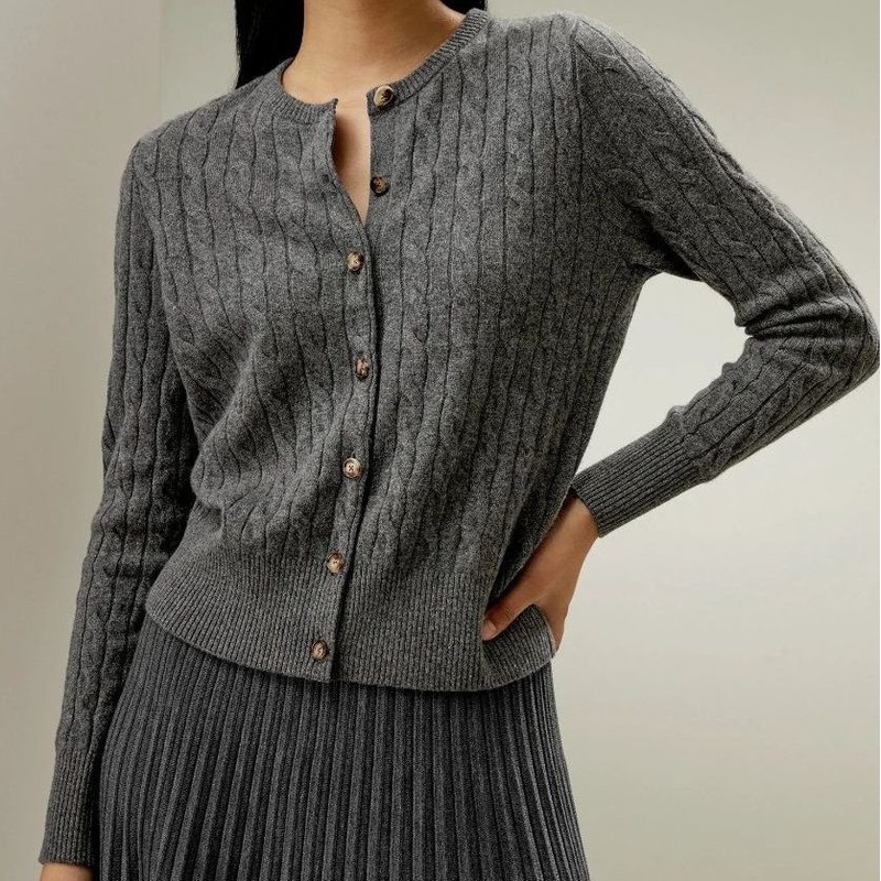 100% Pure Cashmere Knitted Womens Cable Knit Crew Neck Gray Cardigan Sweater – Sweater and Cashmere price