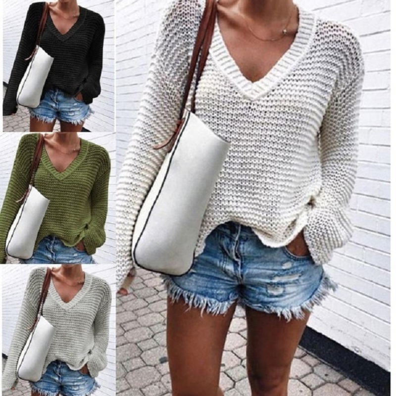 2022 Women V-Neck Long Sleeve Solid Loose Knit Pullover Sweater – Pullover Sweater and Knit Sweater Top price