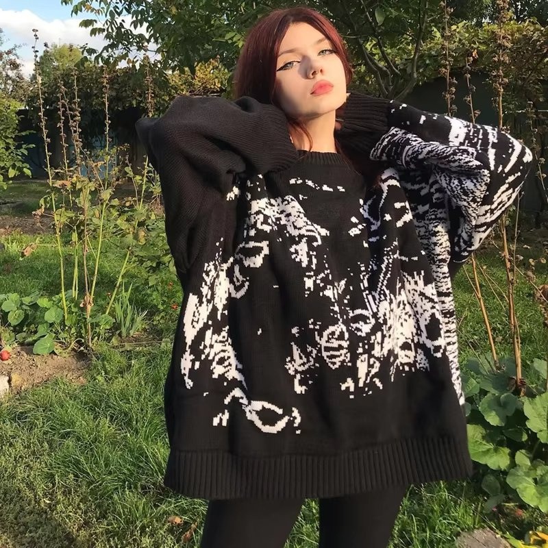 American Fashion Black Gothic Punk Retro Pattern Autumn Knitted Sweater – Sweater and Womens Sweaters price