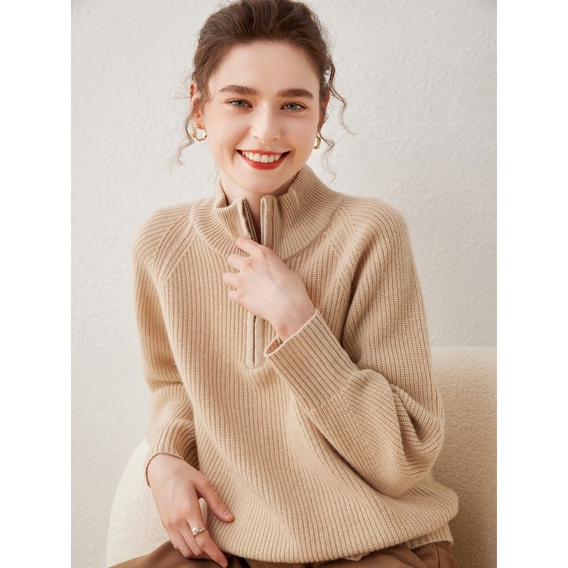 Autumn and Winter Collar Thickened Cashmere Fashion Loose Zip Knit Sweater for Women – Everyday Clothing and Ladys Garments price