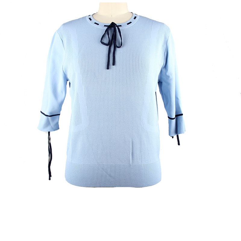 Blue Colour Lacing in Collar and Cuff Hollowed-out Knitwear Ladies Knitted Pointelle Pullover Women Knitting 3/4 Sleeve Round Neck Sweater – Sweater and Ladies Sweater price
