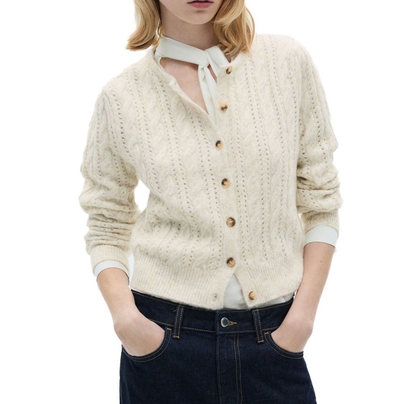 Cozy Beige Knit Cardigan Sweater with Elegant Openwork Design – Cardigan Sweater and Womens Clothing price