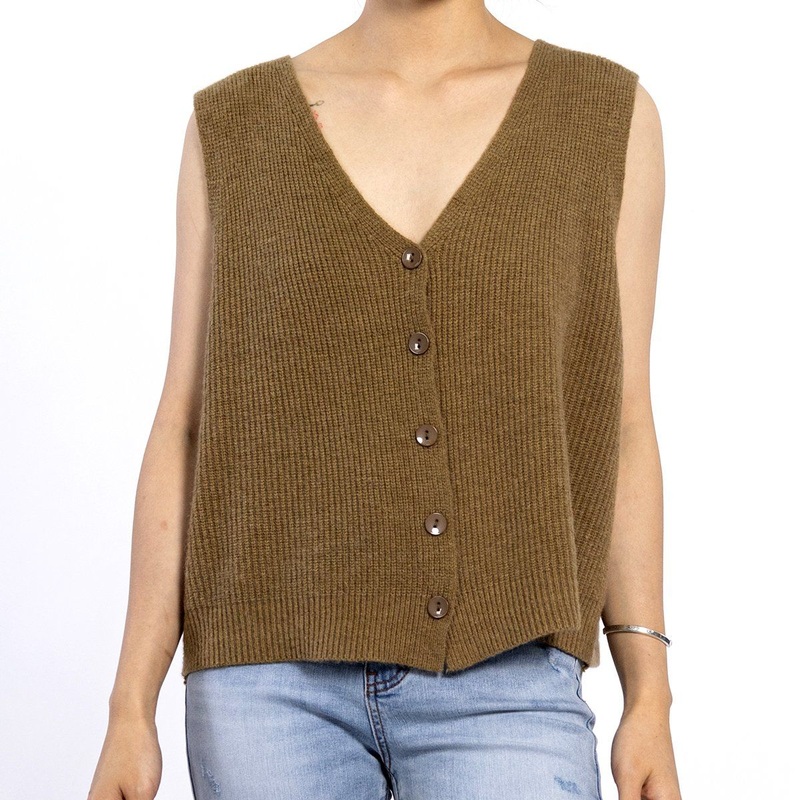 Custom V Neck Brown Color Ribbed Buttom Closure Sleeveless Women Sweater Vest – Women Top and Women Shirts price