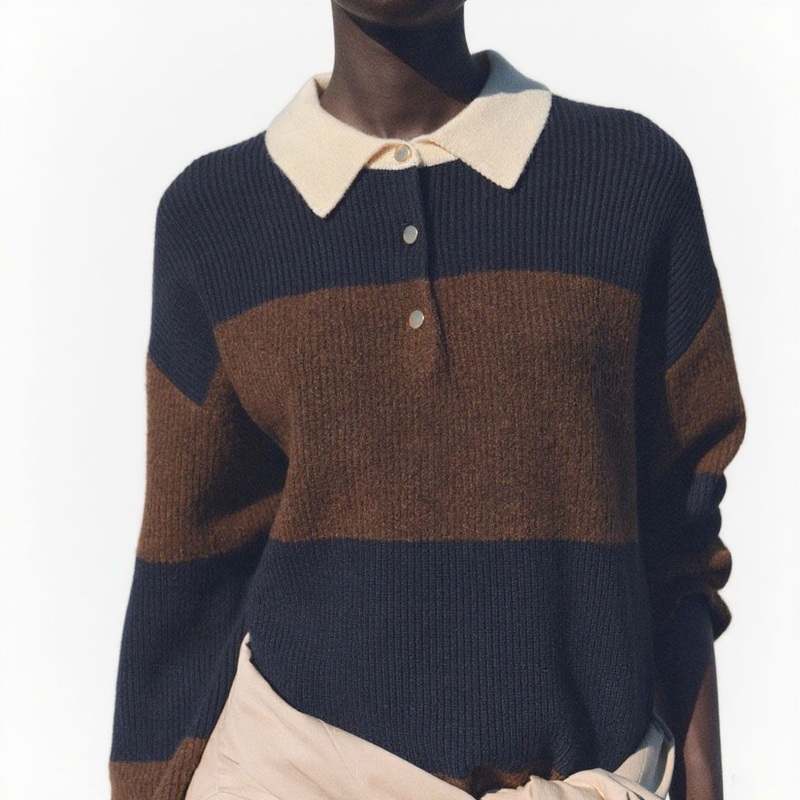 Fashion Stripe Polo Collar Knit Pullover Sweater for Women – Women Sweater and Stripe Sweater price