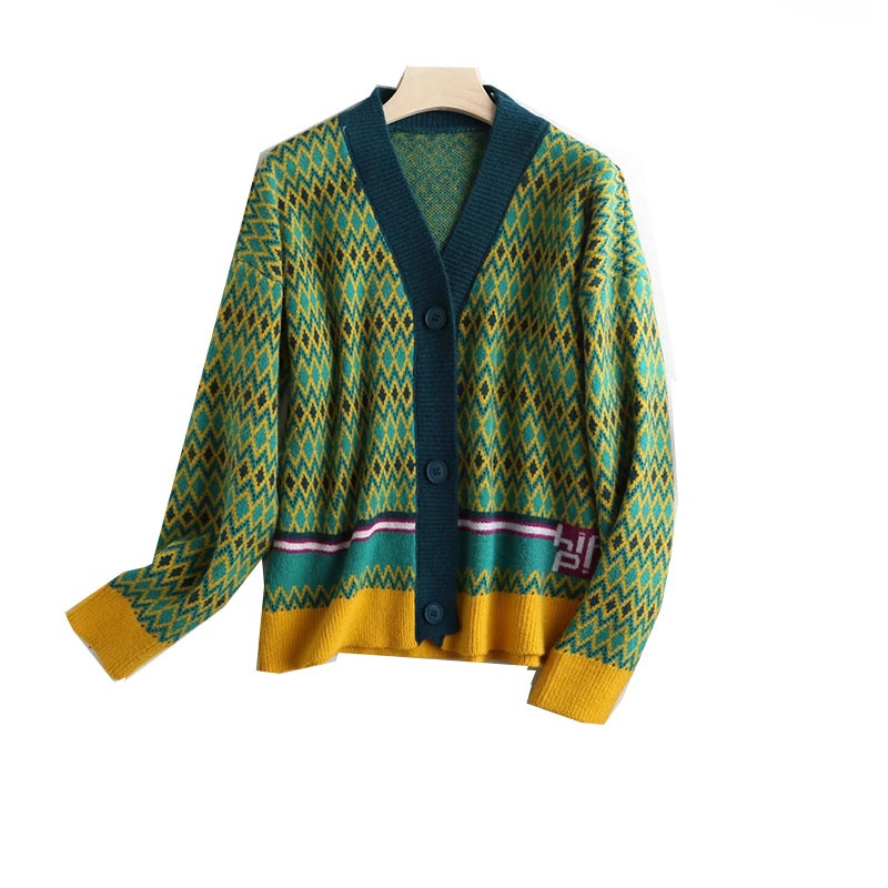 Ladies Casual Everyday Cardigan with Green Jacquard Diamond Check – Sweater and Ladies Sweater price