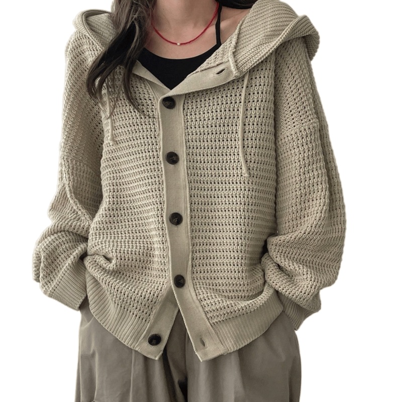 Stylish Womens Openwork Knit Sweater Hoodie with Buttons – Knitted Sweater Hoodies and Women Sweater Hoodie price