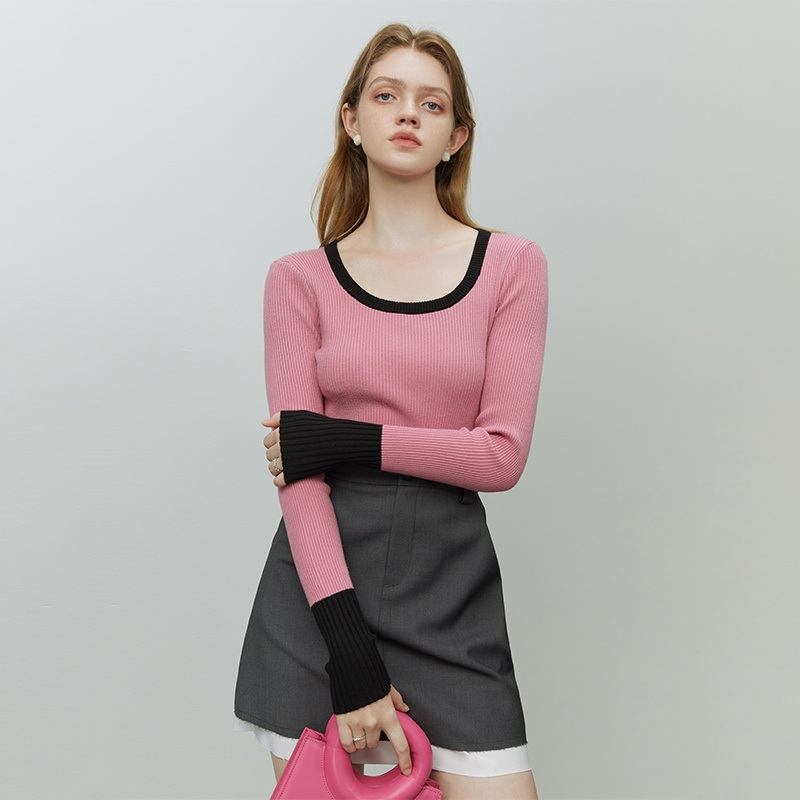 Womens Spring Autumn U-Neck Sweater Contrast Color Long-Sleeved Top – Everyday Clothing and Lady Garments price