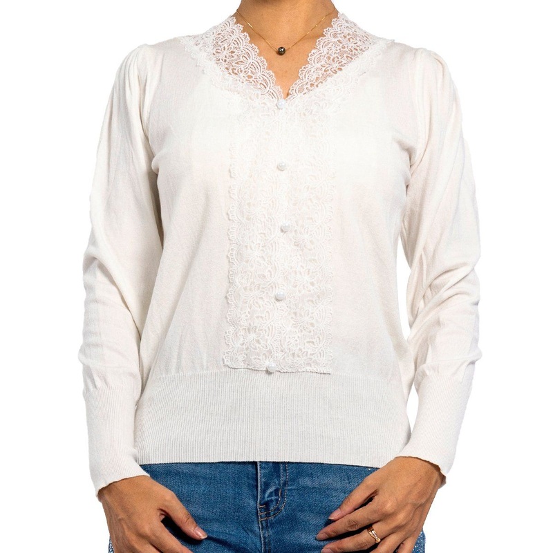 Womens Spring Long-Sleeved Lace Collar Knitwear Pullover White Sweaters for Women – Women Sweater and Pullover Sweater price