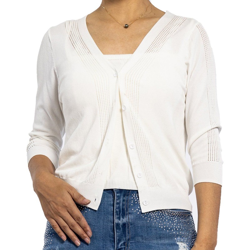 Womens V-Neck Hollow Knit Top 3/4 Sleeve Sweater White Lightweight Summer Cardigan – Womens Jumper and Sheer Cardigan price