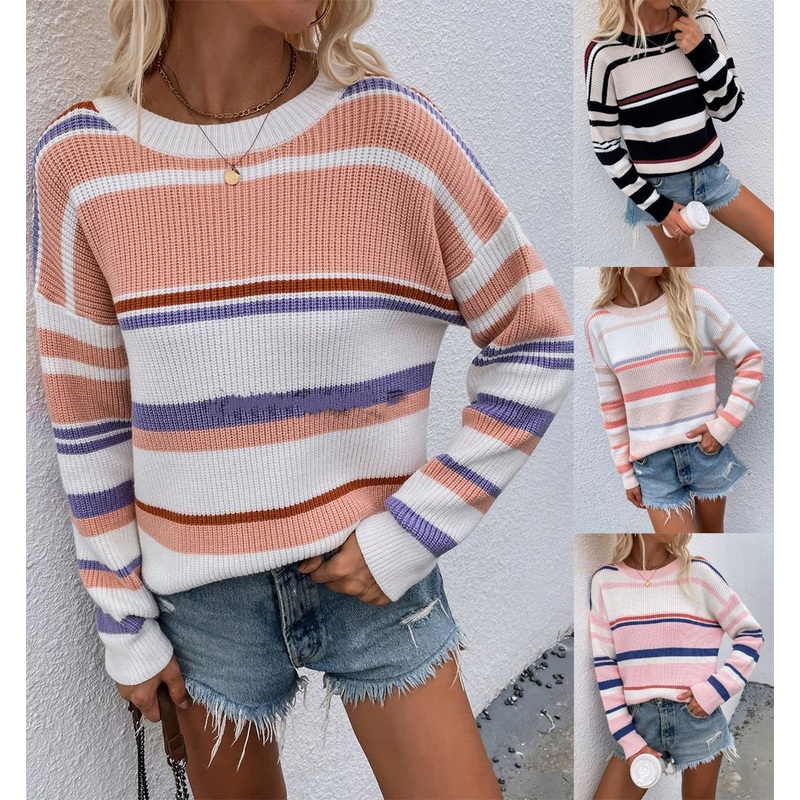 2022 Designer Winter Women O-Neck Striped Knit Pullover Sweater – Wholesale Sweater Women and Pullover Sweater price
