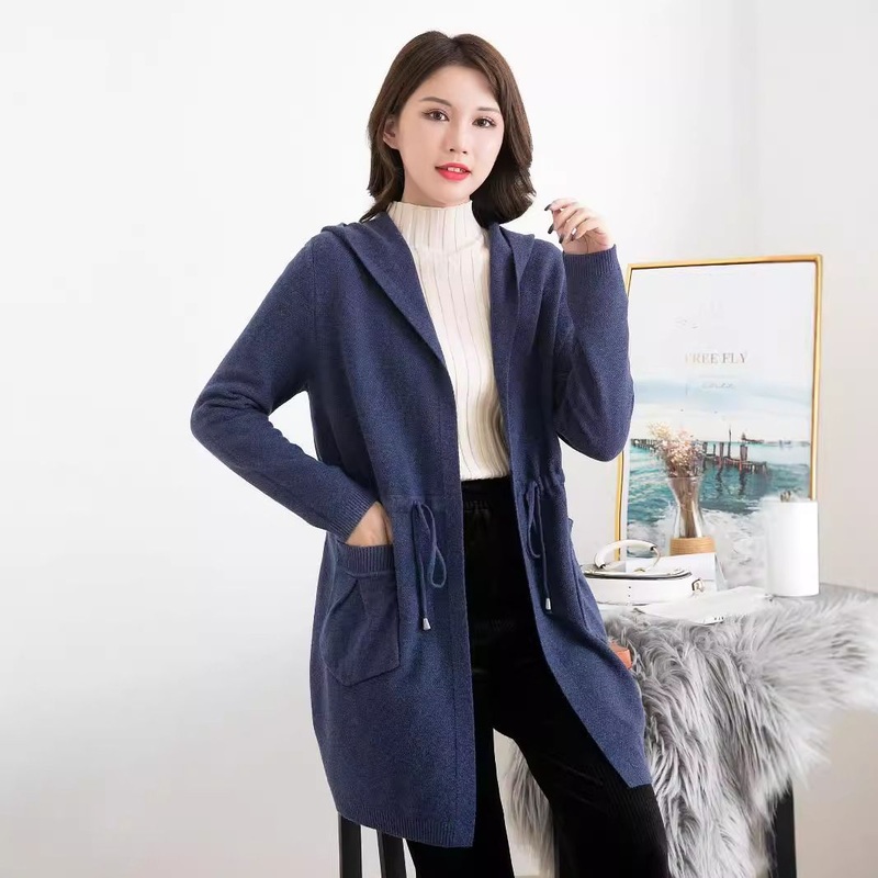 Custom Women Knit Sweater Cardigans Long Sleeve Lady Drawing String Hooded Tunic Cardigan with Pockets – Lady Drawing String Hooded Tunic Cardigan and Women Cardigan Vest price