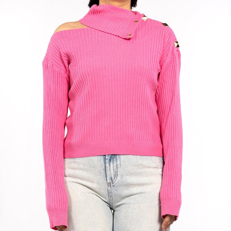Design Gold Button Irregular High Neck Vertical Stripe Fall Strapless Sweater for Women – Design Sweater and Autumn Sweater price