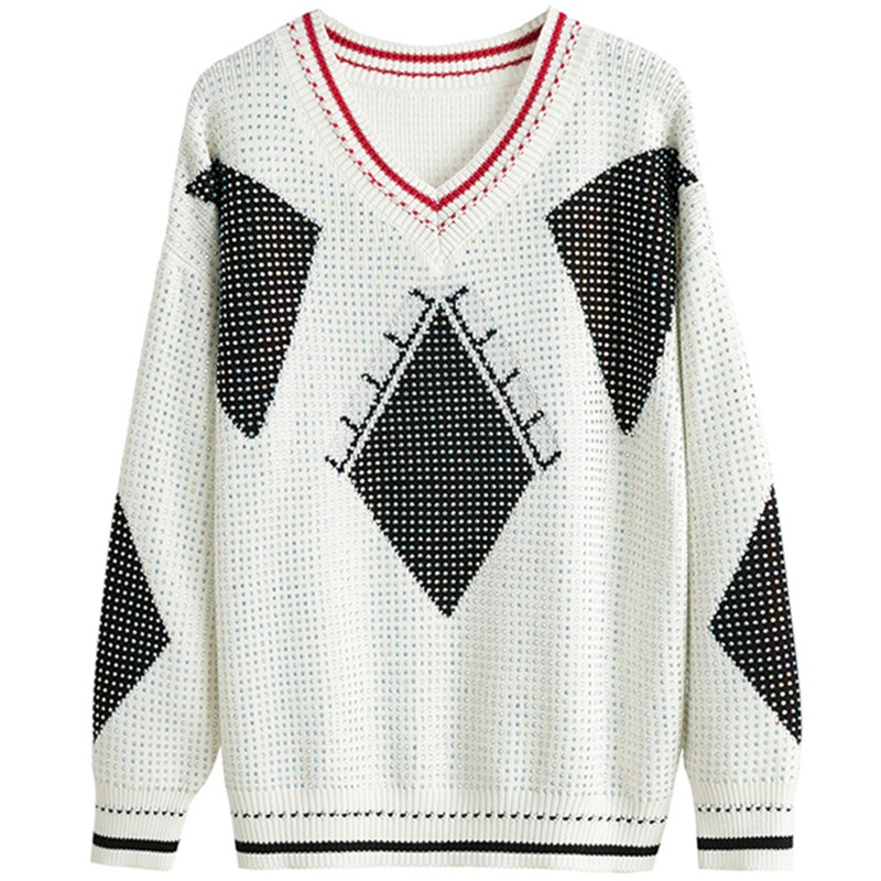 Rhinestone Geometric Pattern Loose Knitted Clothes Womens Sweater – Women Clothes and Garments price