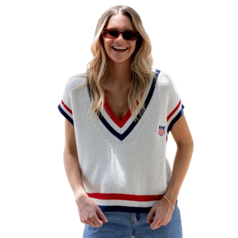 Trendy Loose Fit Striped Embroidery Knit Vest for Women – Short Sleeve Sweater and Women Top Knit price